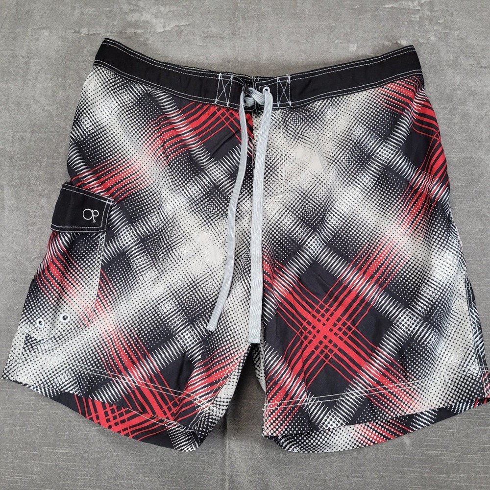 Ocean Pacific OP Y2K Mens Swim Trunks Shorts Board Red Black Plaid Size 2XL